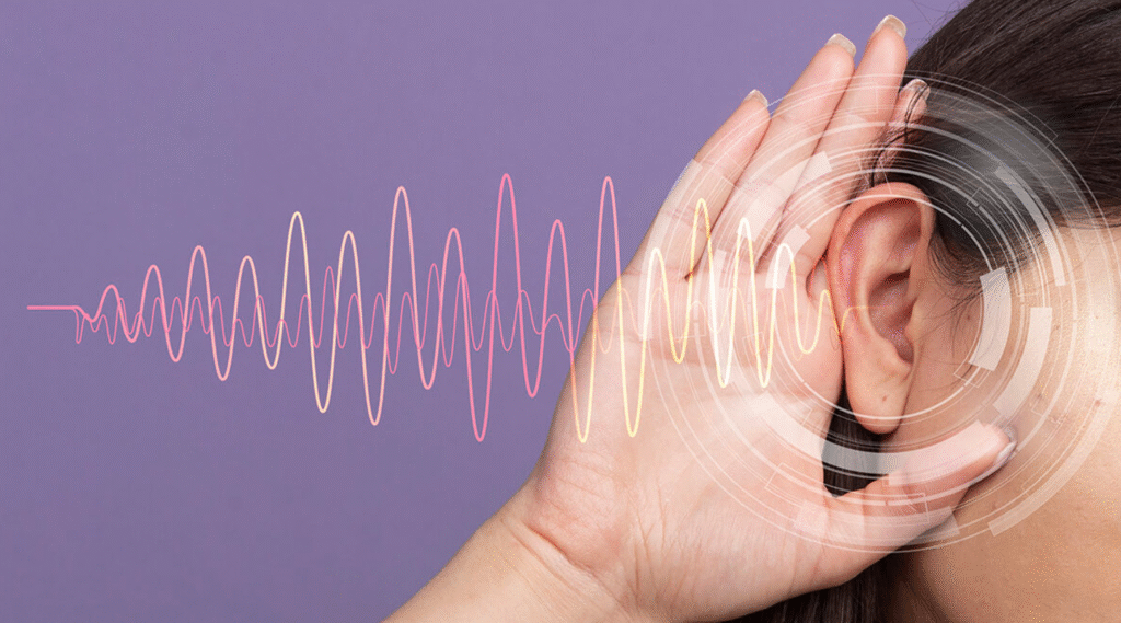 oreja de mujer con ondas de sonido