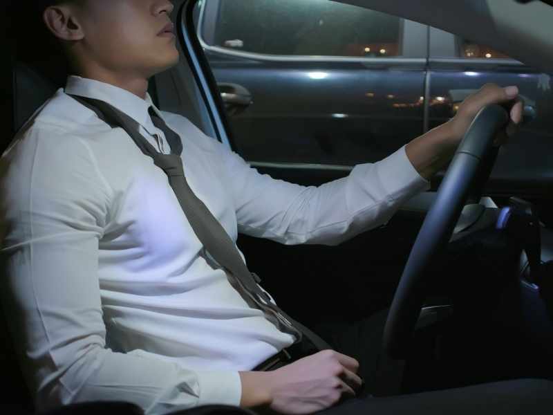 Persona conduciendo un automóvil con gesto de incomodidad en la zona lumbar, relacionado con dolor de espalda por largas horas al volante.