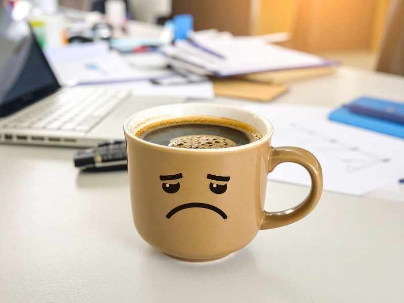 Taza de café con carita triste sobre un escritorio, ilustrando malestar o efectos negativos del exceso de café